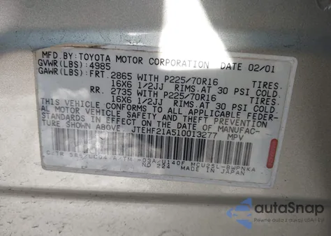 2001 Toyota Highlander V6 из США, поврежденный, VIN JTEHF21A510013277